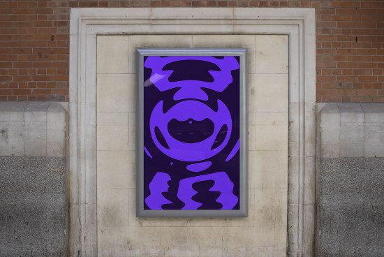Urban poster mockup on a brick wall displaying abstract purple design, ideal for presentations and portfolios in graphic design.