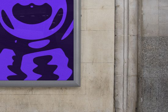 Modern purple abstract art poster in a frame on a concrete wall for mockup design presentation, with visual space for graphic designers.