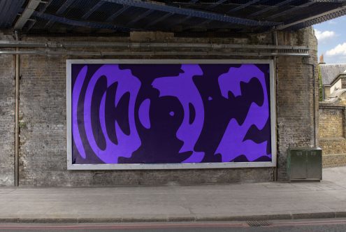 Large abstract purple graphic design mockup on outdoor billboard under bridge, urban setting, creative advertising template.