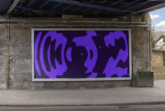 Large abstract purple graphic design mockup on outdoor billboard under bridge, urban setting, creative advertising template.