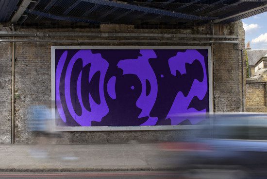 Urban billboard mockup featuring dynamic purple abstract graphic under a bridge, perfect for designers to showcase outdoor advertising designs.