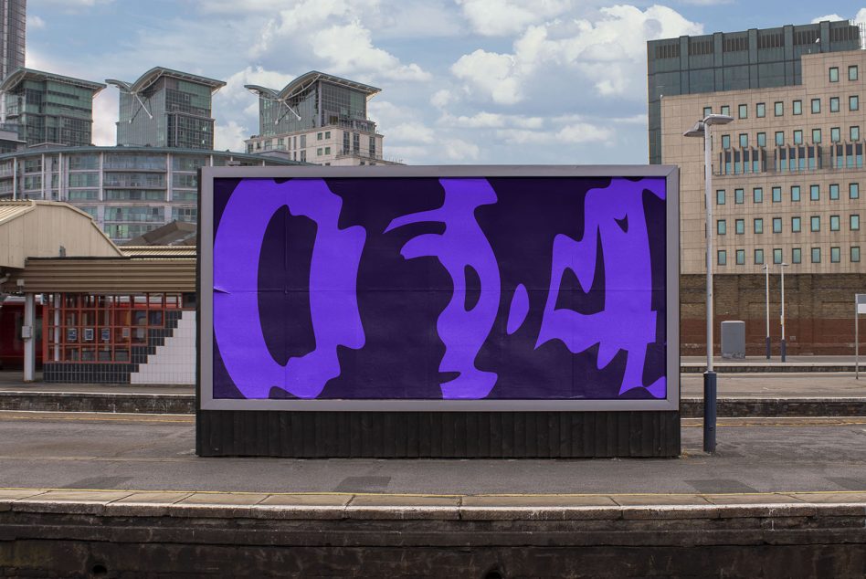 Urban billboard mockup featuring a purple abstract design with city buildings in the background, suitable for graphic and advertisement showcase.