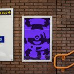 Urban poster mockup in a frame on a brick wall by a staircase, with dynamic purple abstract art, showcasing design mockup potential.
