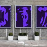 Three vertical urban poster mockups with abstract purple graphics displayed on a street, ideal for designers and advertisers.