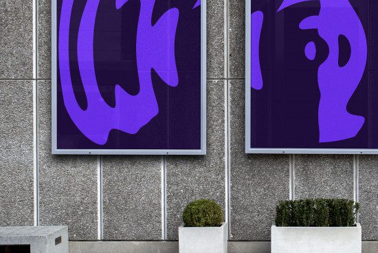 Outdoor billboard poster mockup with abstract purple graphics on a modern wall, showcasing design display options for advertisers and designers.