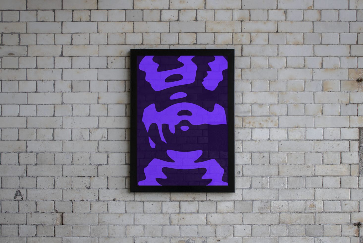 Purple abstract art poster framed on a white brick wall, ideal for mockup designs and wall art presentations for interior design.