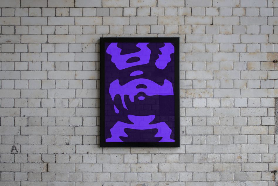 Purple abstract art poster framed on a white brick wall, ideal for mockup designs and wall art presentations for interior design.