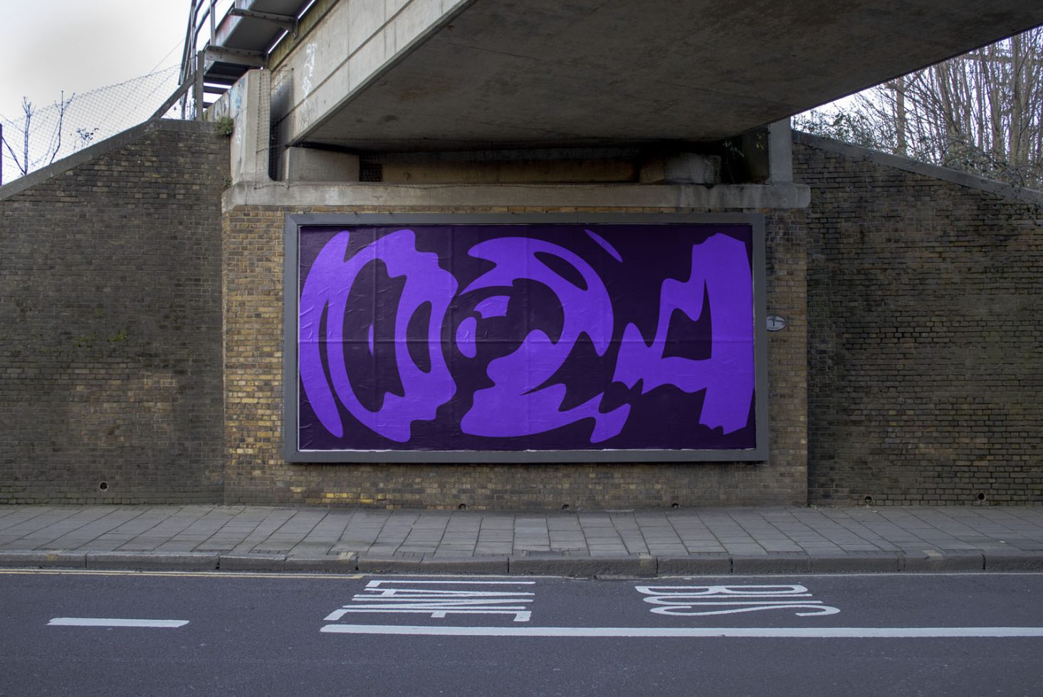 Urban billboard mockup with abstract purple graphic design under a bridge, clear space ready for advertising content, ideal for designers.