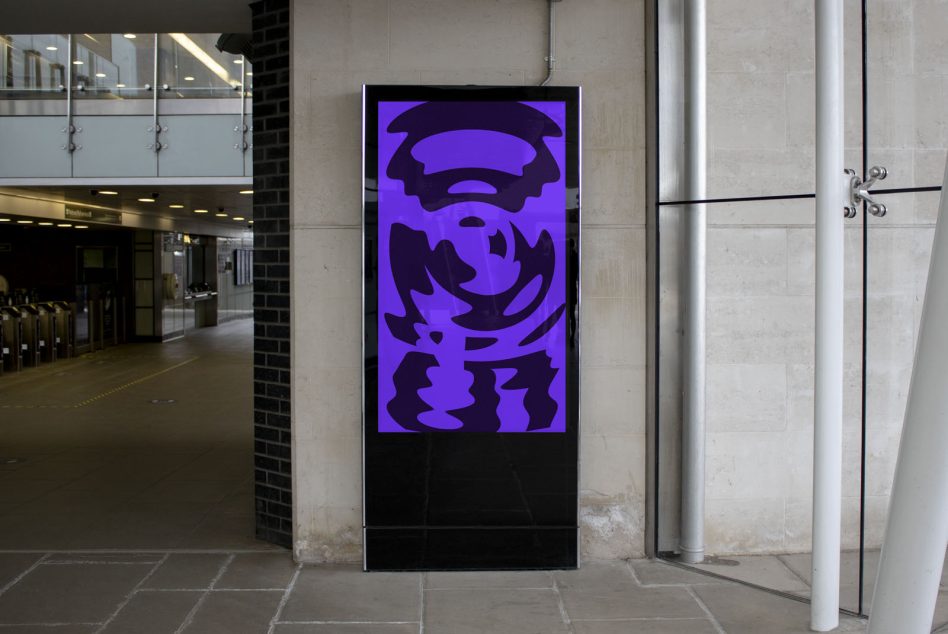 Digital signage mockup in urban setting showcasing vibrant abstract graphic design, ideal for designers' presentations and portfolios.