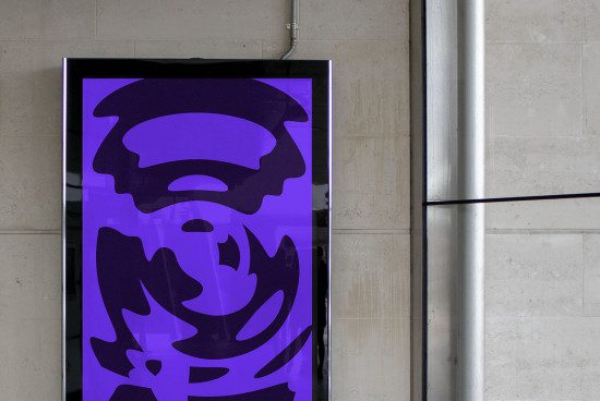 Digital poster mockup with vibrant purple abstract graphics displayed in a modern frame against an industrial concrete wall, ideal for presentations.