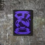 Abstract purple graphic design poster mockup against a textured brick wall, ideal for presentations and portfolio display.