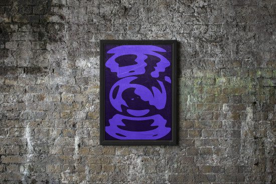 Abstract purple graphic design poster mockup against a textured brick wall, ideal for presentations and portfolio display.