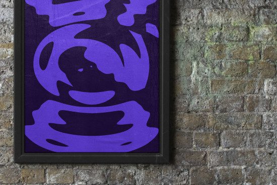 Abstract purple graphic art in black frame on brick wall, modern design, wall art mockup, interior decor, digital asset for designers.