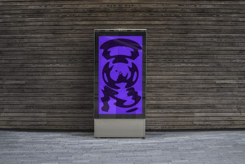 Outdoor advertising mockup showcasing digital poster display with purple abstract design against a wooden wall used by designers.