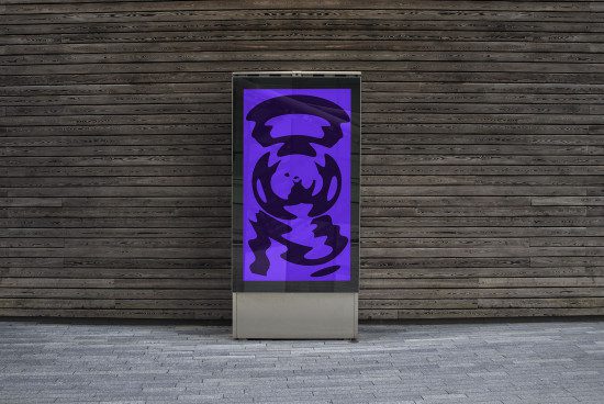 Outdoor advertising mockup showcasing digital poster display with purple abstract design against a wooden wall used by designers.