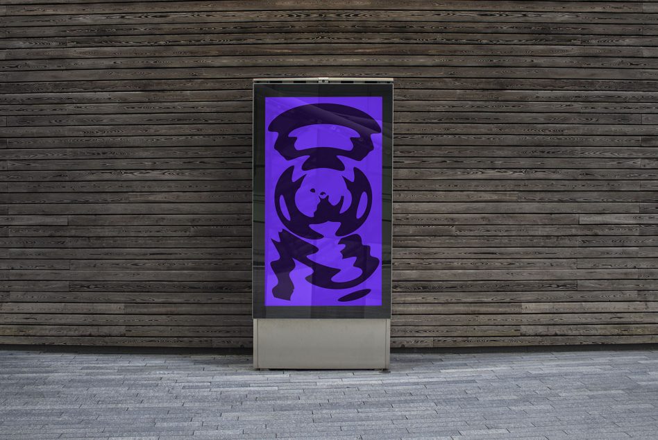 Outdoor advertising mockup showcasing digital poster display with purple abstract design against a wooden wall used by designers.