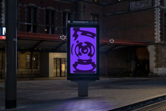 Digital billboard mockup displaying purple graphic art at dusk in a city station, ideal for designers advertising, posters and signs.