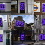 Urban billboard mockups featuring abstract purple and black art designs displayed across different city outdoor settings for advertising, design showcase.