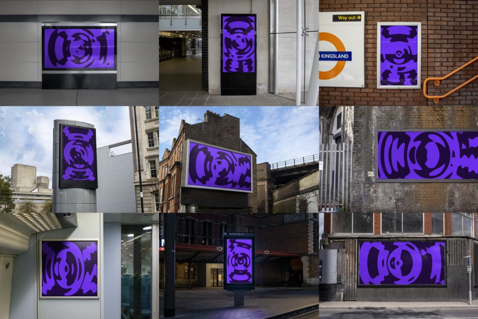 Urban billboard mockups featuring abstract purple and black art designs displayed across different city outdoor settings for advertising, design showcase.