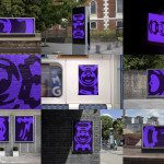 Purple abstract graffiti art displayed in various urban settings, ideal for mockups, urban design, street art, and creative templates.