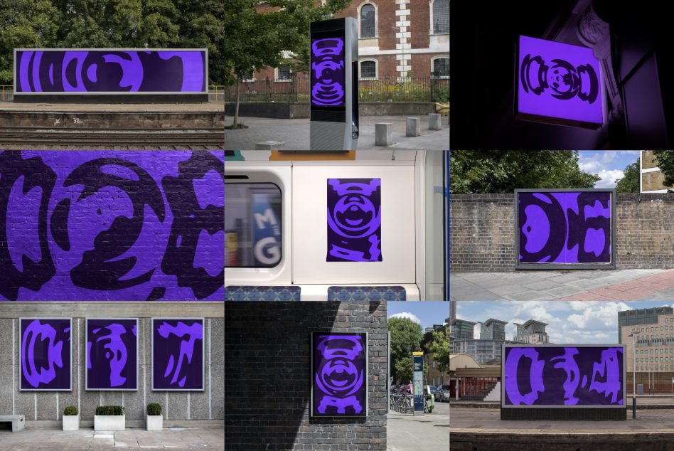 Purple neon abstract pattern mockup shown across multiple outdoor locations including walls, trains, streets