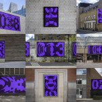 Urban outdoor advertising mockup series featuring purple abstract design banners in various city environments for designers.