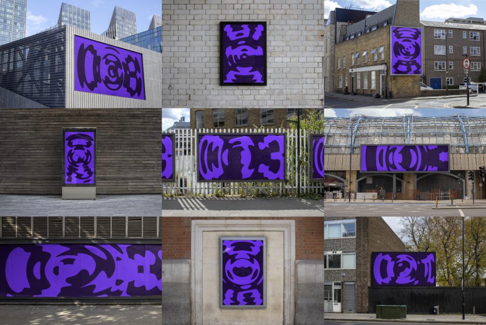 Purple neon abstract art displayed on outdoor screens, billboards, buildings in urban settings
