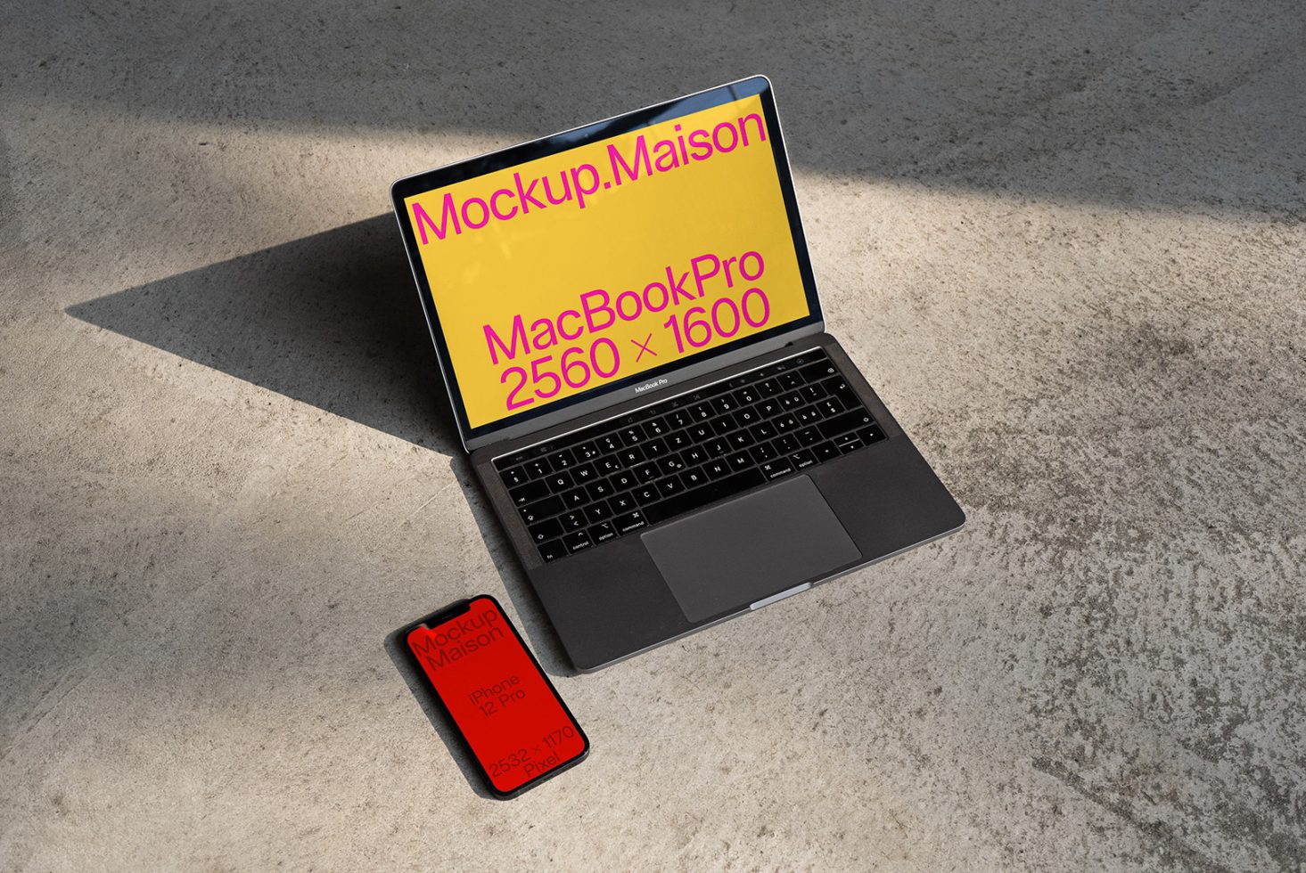 Laptop and smartphone mockup on concrete floor with screen resolution details, ideal for design presentations and digital templates.