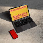 Laptop and smartphone mockup on concrete floor with screen resolution details, ideal for design presentations and digital templates.