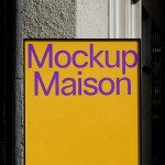 Bold purple text "Mockup Maison" on yellow sign, urban setting, shadow play, ideal for mockup category, showcases typography, signage design.