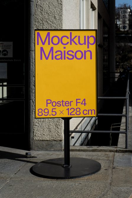 Outdoor poster stand mockup in urban setting perfect for designers to showcase advertising designs, dimensions 89.5 x 128 cm, clear sunny day.