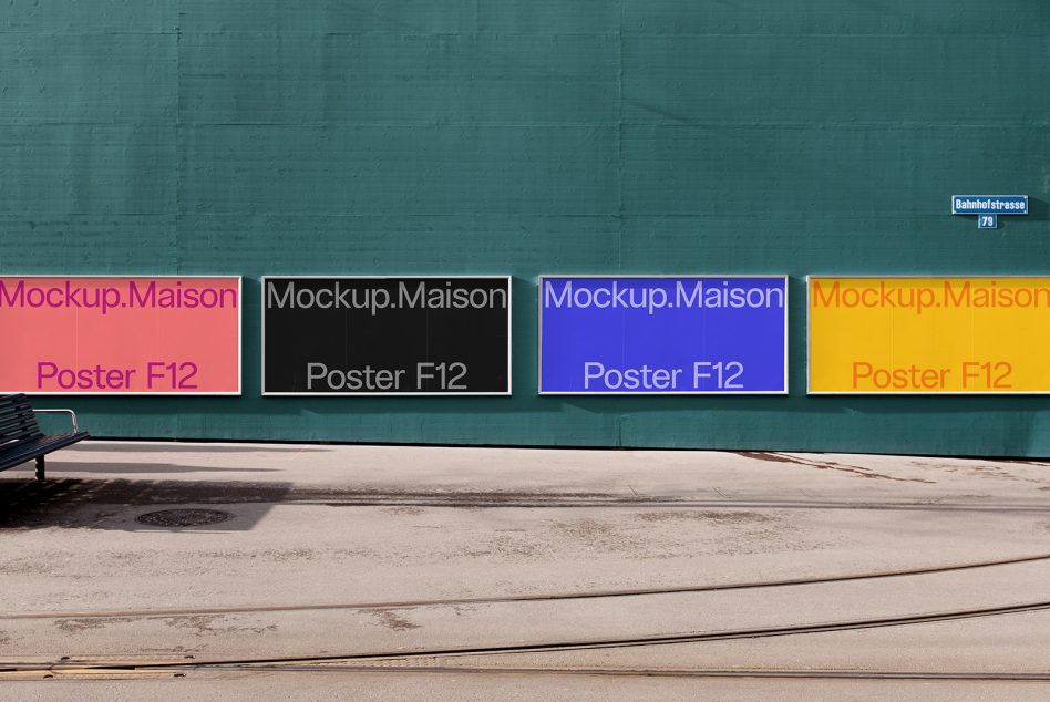 Urban poster mockup display series with colorful layouts against a textured wall, designed for effective presentation to clients and advertising.