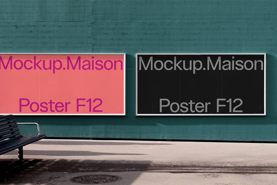 Urban poster mockups on wall, vibrant pink and sleek black designs, ideal for presentations, display graphics, outdoor advertising.