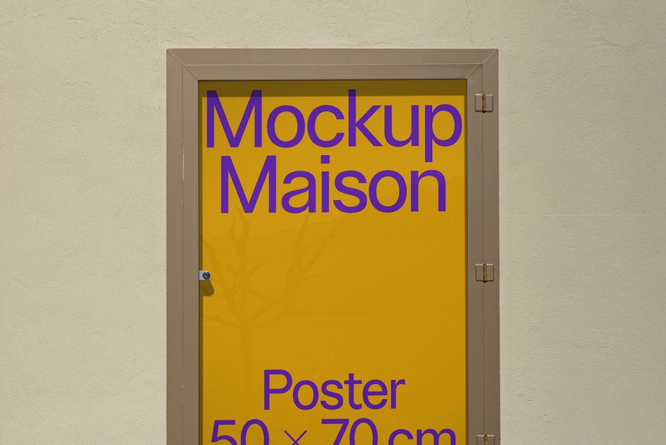 Poster mockup displayed in a glass case on a textured wall, for graphic designers to showcase work, size 50x70cm, easily editable.