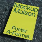 Yellow poster mockup with typography floating on a dynamic water background, ideal for designers, realistic presentation, waterproof concept.