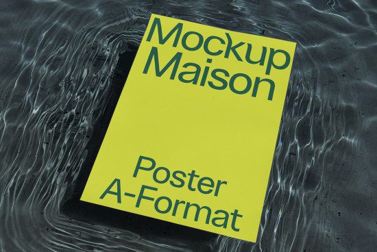 Yellow poster mockup with typography floating on a dynamic water background, ideal for designers, realistic presentation, waterproof concept.