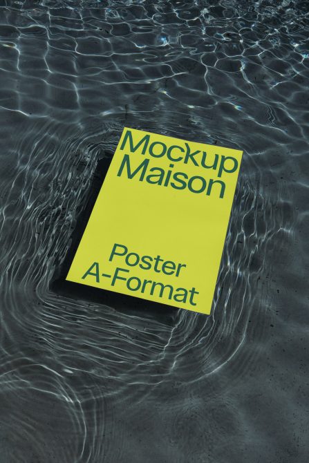 Creative A-Format poster mockup floating on water texture for realistic design presentation, ideal for graphic designers and print templates.