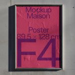 Urban outdoor poster mockup in a metal frame on a textured wall, showcasing graphic design, dimensions displayed, ideal for designers' presentations.