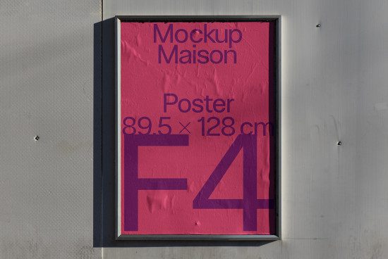 Urban outdoor poster mockup in a metal frame on a textured wall, showcasing graphic design, dimensions displayed, ideal for designers' presentations.