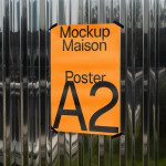 Orange A2 poster mockup on metal fence with urban reflection, modern design presentation, sleek graphic design display.