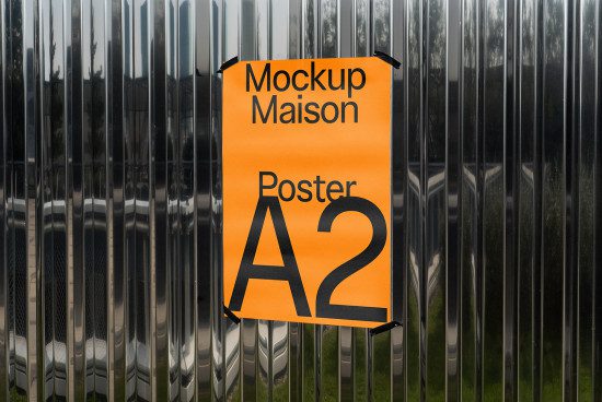 Orange A2 poster mockup on metal fence with urban reflection, modern design presentation, sleek graphic design display.
