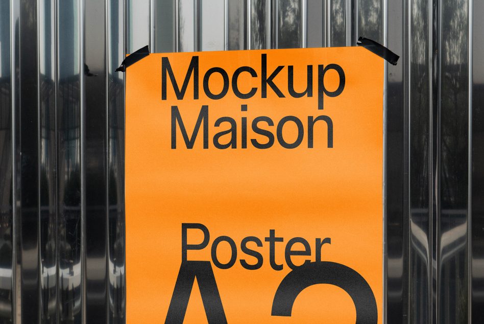 Bright orange poster mockup hanging on corrugated metal wall with clips