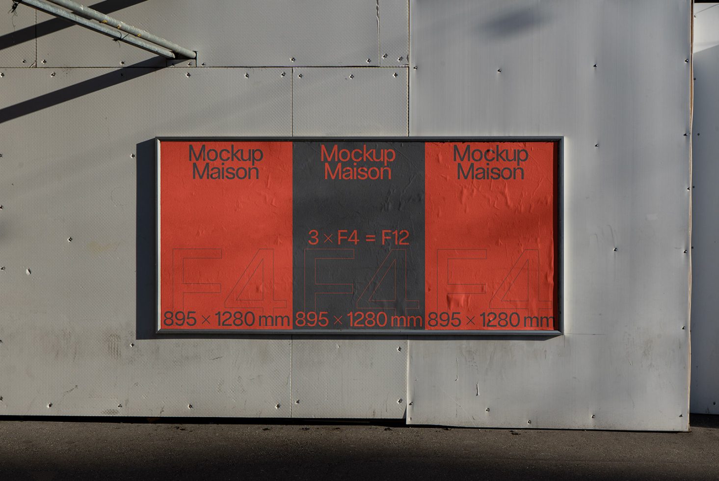 Urban billboard mockup on metal wall featuring three red panels with Mockup Maison text, dimensions display for design presentation.