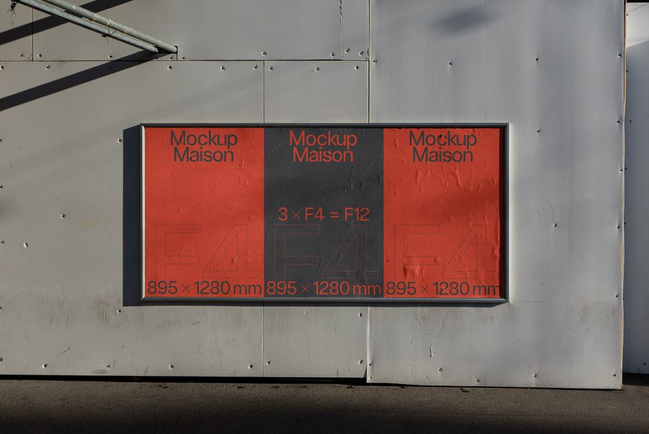 Triple-panel billboard mockup mounted on concrete wall with red panels