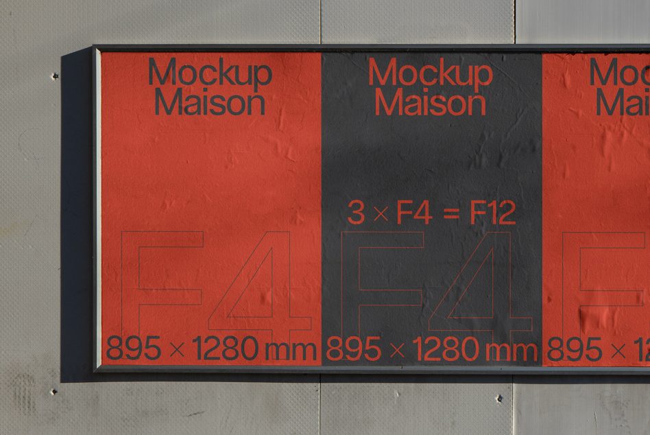 Horizontal billboard mockup with three red panels showing F4 design variations