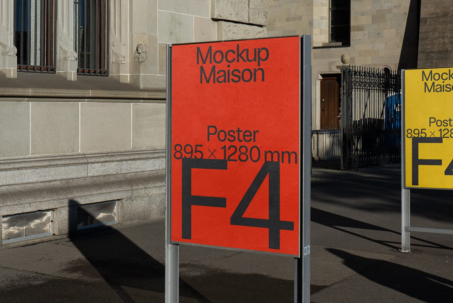 Street poster mockup on outdoor sign display for graphic designers, urban setting, realistic shadow, high-resolution template, red background.