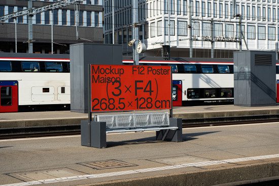 Outdoor billboard mockup on train platform for advertising design presentation, urban setting, clear visibility, suitable for designers' portfolio.