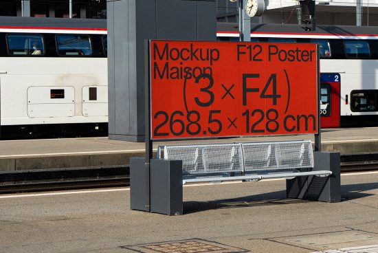 Outdoor advertising mockup at a train station with clear dimensions for billboard design display, featuring railway and bench.