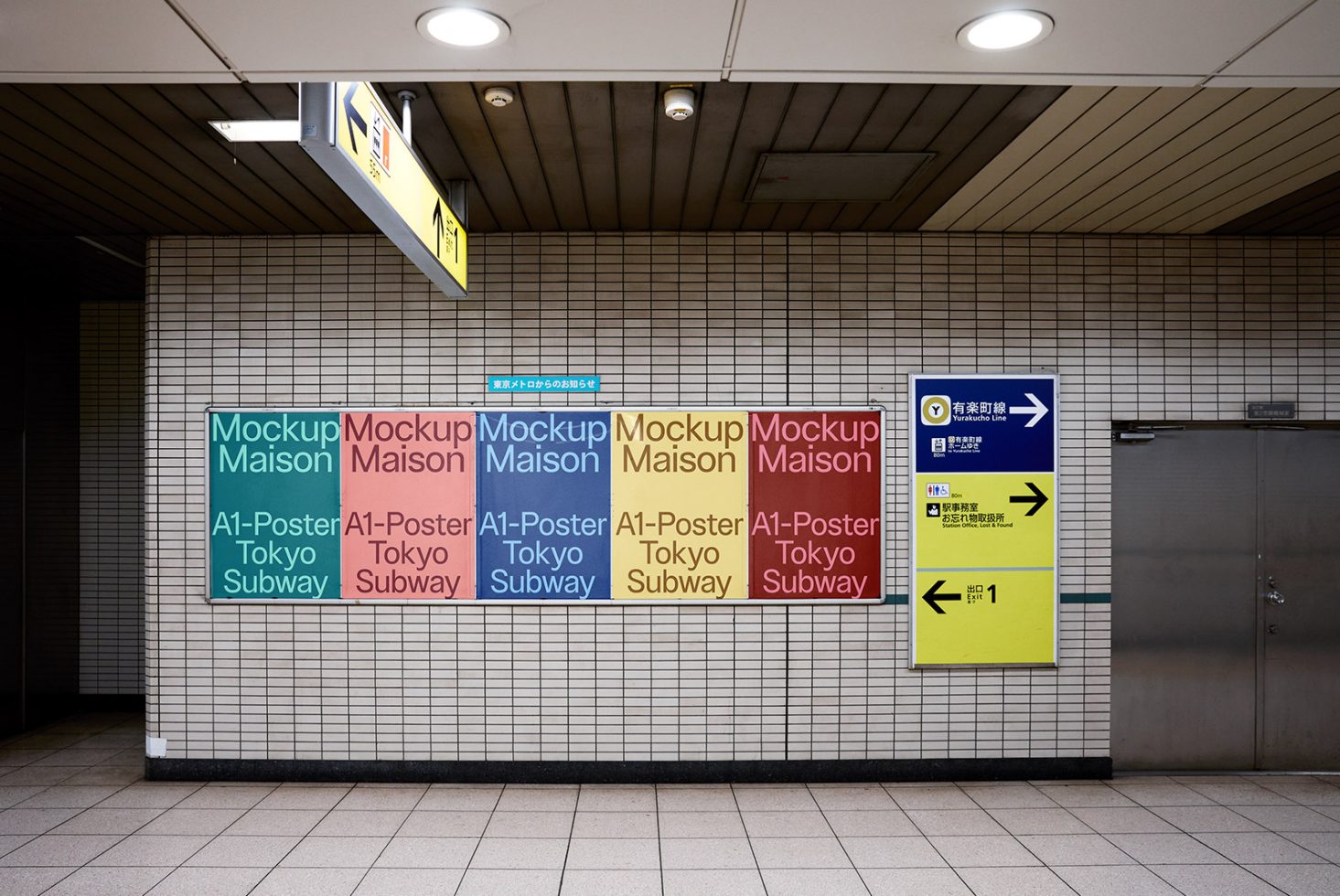 A1-size poster mockups in a Tokyo subway setting suitable for graphic presentations and advertising design projects.