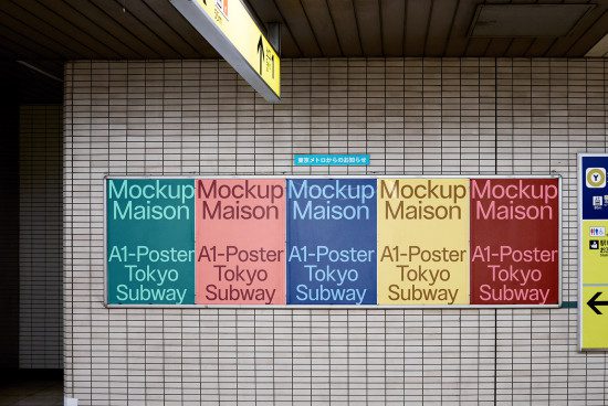 Subway poster mockups in various colors mounted on a tiled station wall, showcasing design versatility and presentation for urban graphics.